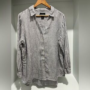 Tahari Blue White Striped 100% Linen Button Down Long Sleeve Shirt Tunic size 1X